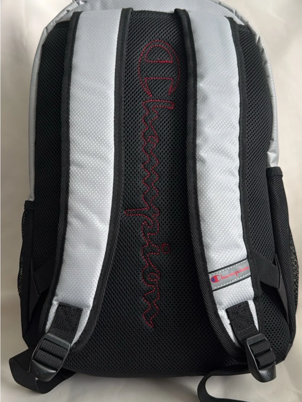 Champion Light Gray and Black Backpack with Red Logo